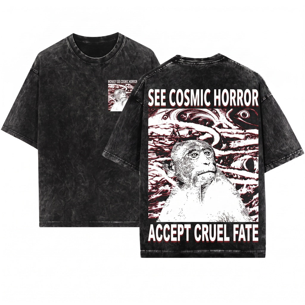 Vintage Japanese Cosmic Horror Funny Monkey See Graphic Unisex Wash T-Shirt