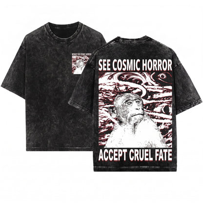 Vintage Japanese Cosmic Horror Funny Monkey See Graphic Unisex Wash T-Shirt