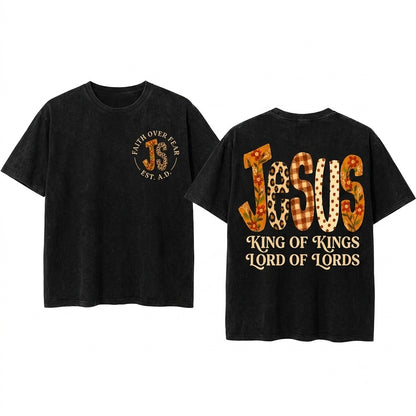 Fall Floral Leopard Gingham Jesus Retro Boho Faith Autumn Thanksgiving Gift Unisex Wash T-Shirt