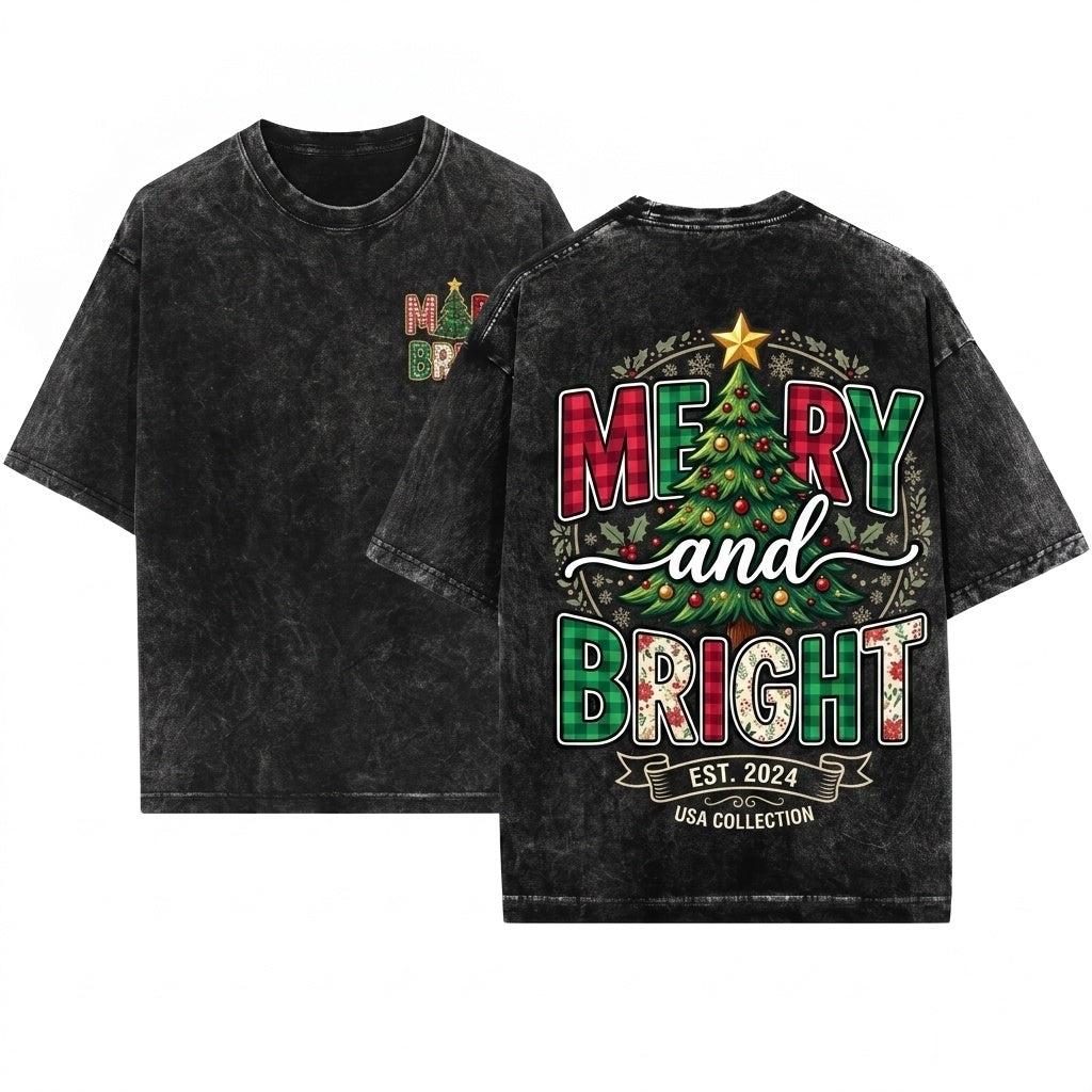 Lace Preppy Merry Bright Christmas Plaid Checkered Xmas Doodles Tree PNG Graphic Graphic T-Shirt Unisex Wash T-Shirt