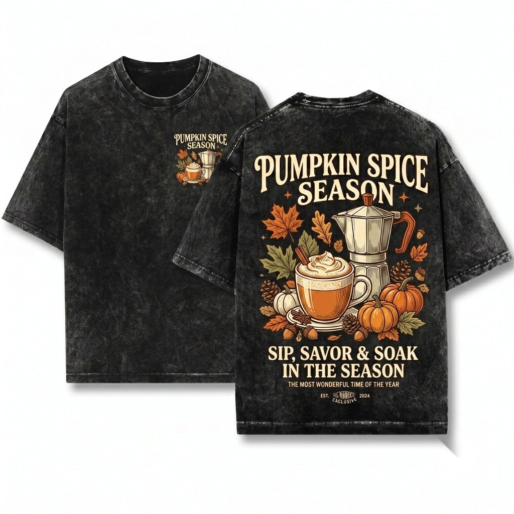 Pumpkin Spice Autumn Fall Coffee Weather Season Vibes Graphic Unisex Wash T-Shirt