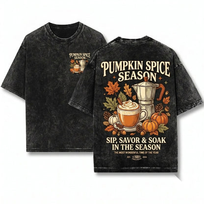 Pumpkin Spice Autumn Fall Coffee Weather Season Vibes Graphic Unisex Wash T-Shirt