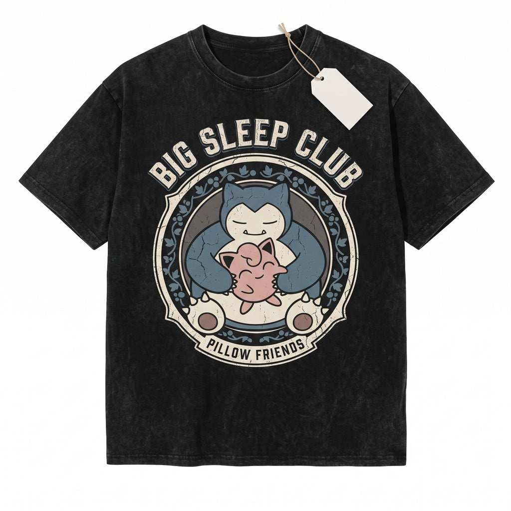 Vintage Snorlax Jigglypuff Cute Anime Washed Kawaii Cartoon Graphic Birthday Gift Boys Unisex TShirt