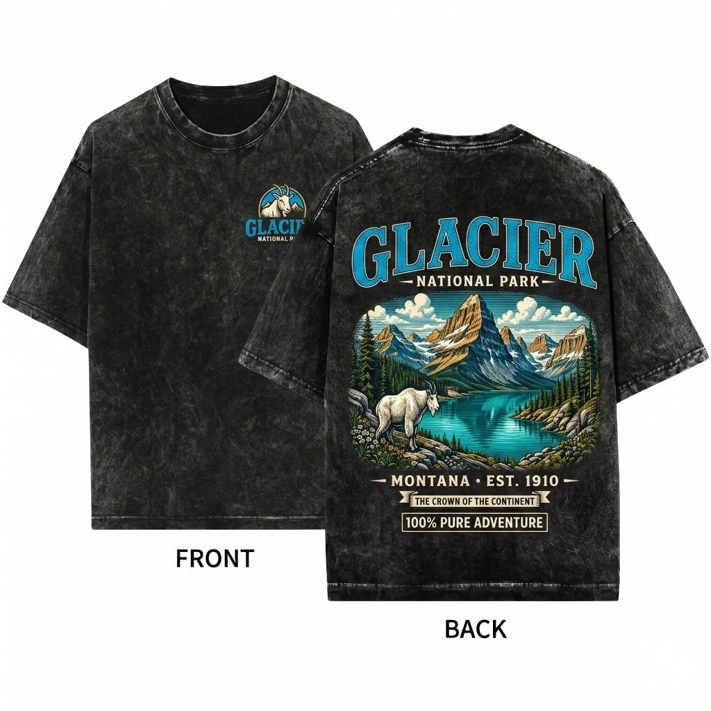Glacier National Park Montana Mountain Vintage Retro Hiking Nature Gift Unisex Wash T-Shirt