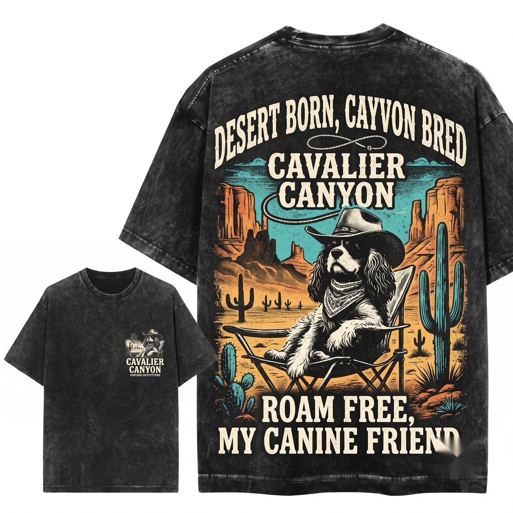 Vintage Western Retro Desert Cavie Cowboy Dog Gift for Cavalier King Charles Pet Lovers Mom Dad Unisex Wash T-Shirt