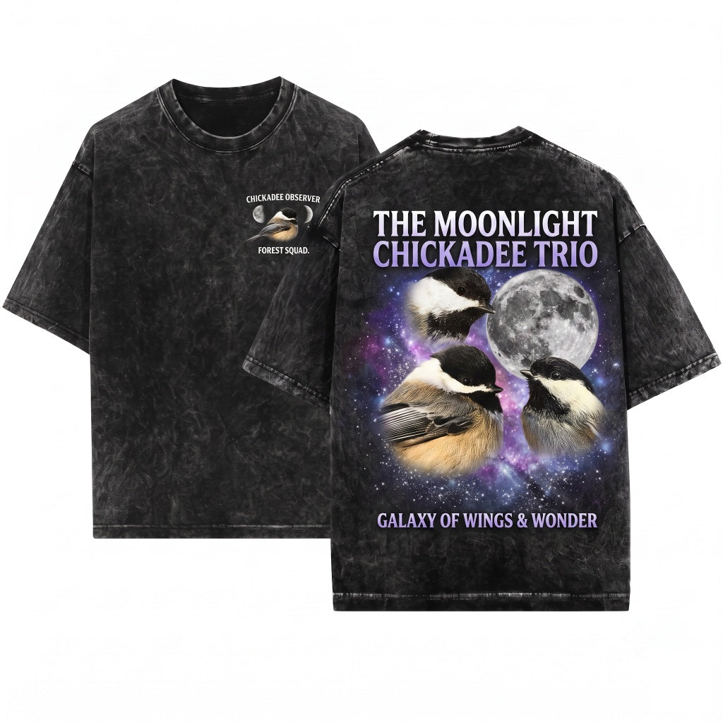 Three Black-Capped Chickadee Moon Vintage 90s Graphic Retro Bird Ironic Wolf Parody Unisex Wash T-Shirt