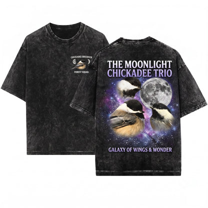 Three Black-Capped Chickadee Moon Vintage 90s Graphic Retro Bird Ironic Wolf Parody Unisex Wash T-Shirt