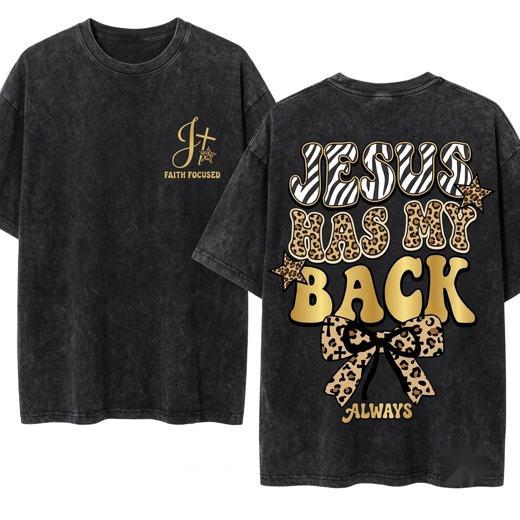 Leopard Jesus Has My Back Trendy Christian Faith Bow Doodles Religious Unisex Wash T-Shirt