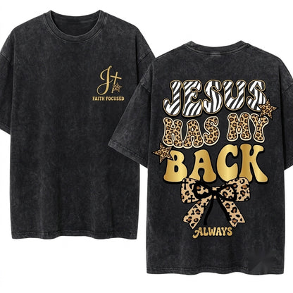 Leopard Jesus Has My Back Trendy Christian Faith Bow Doodles Religious Unisex Wash T-Shirt