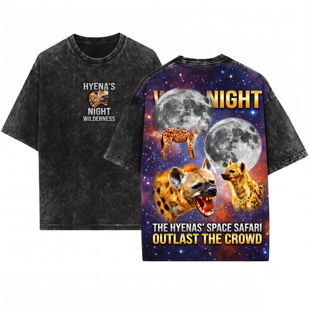 Retro Three Spotted Hyena Moon Graphic Oversized Funny Animal Nature Wildlife Gift for Him Her Unisex Wash T-Shirt