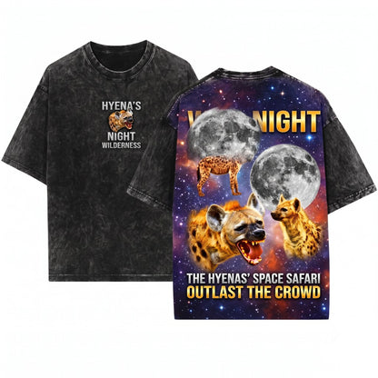 Retro Three Spotted Hyena Moon Graphic Oversized Funny Animal Nature Wildlife Gift for Him Her Unisex Wash T-Shirt