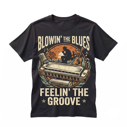 Vintage Blues Harmonica Player Gift Retro Country Soul Guitar Mic Music Fan Apparel Unisex TShirt