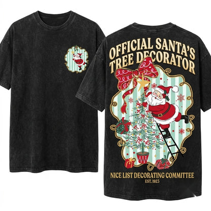 Brushstroke Oil Paint Vintage Coquette Aesthetic Xmas Doodles Santa Claus Festive Graphic Unisex Wash T-Shirt