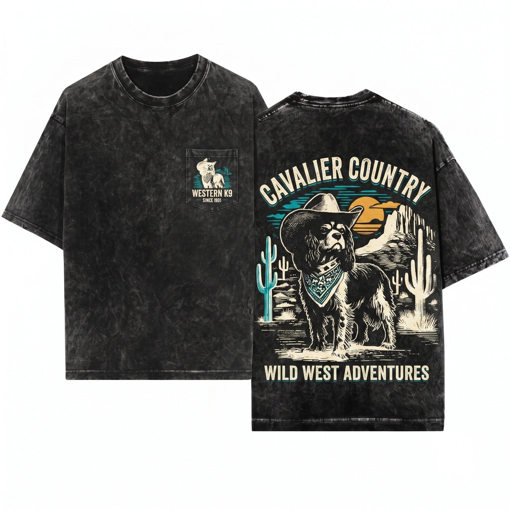 Western Cowboy Desert Wild West Cavalier King Charles Cavie Dog Mom Dad Owner Unisex Wash T-Shirt