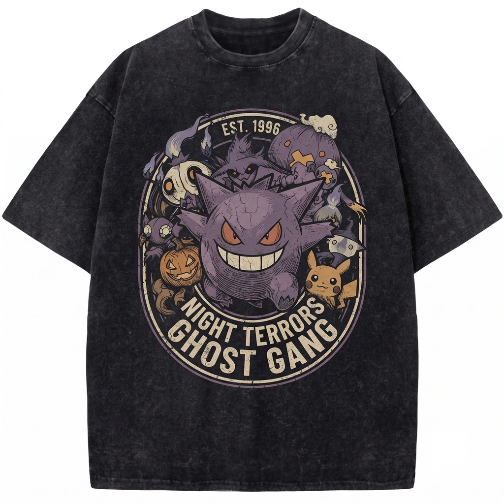 Vintage Wash Halloween Ghost Pocket Monster Anime Graphic Oversized Mineral Garment-Dyed Spooky Apparel Unisex TShirt
