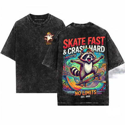 Y2K Skater Raccoon Graphic Top, Funny Woodland Animal Grunge Streetwear Style Gift Unisex Wash T-Shirt