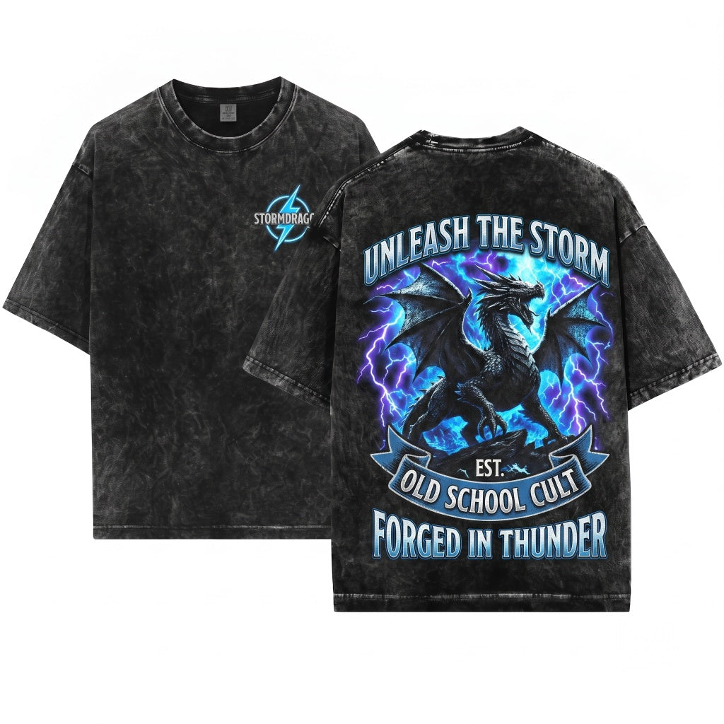 Vintage Gothic Fantasy Dragon Lightning Graphic Mythical Creature Retro Metal Aesthetic Gift Unisex Wash T-Shirt