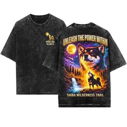 Shiba Inu Howling Moon Vintage 90s Retro Dog Graphic Meme Full Animals Silly Gift Unisex Wash T-Shirt