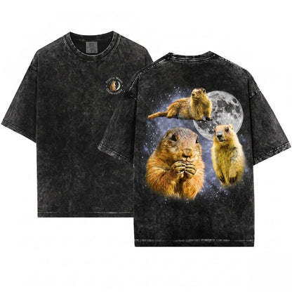 Three Prairie Dog Moon Vintage Retro Graphic Funny Animal Oversized Cute Rodent Gift Unisex Wash T-Shirt