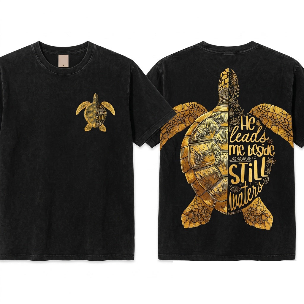 He Leads Me Beside Still Waters Psalm 23 Faith Based Sea Turtle Coastal Christian Beach Unisex Wash T-Shirt
