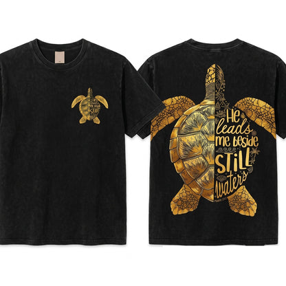 He Leads Me Beside Still Waters Psalm 23 Faith Based Sea Turtle Coastal Christian Beach Unisex Wash T-Shirt