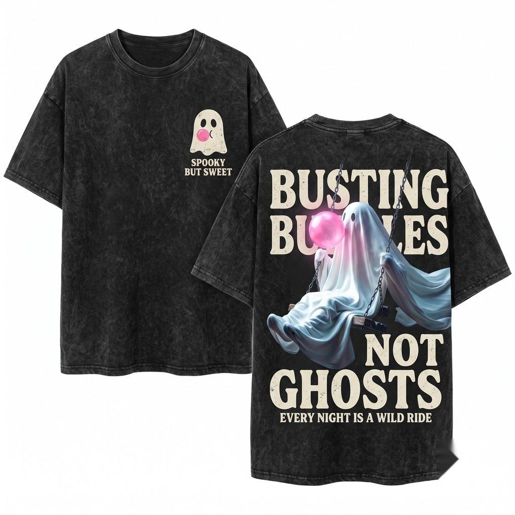 Funny Ghost Sitting Ferris Wheel Blowing Bubbles Halloween Fall Vibes Graphic Unisex Wash T-Shirt
