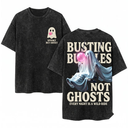 Funny Ghost Sitting Ferris Wheel Blowing Bubbles Halloween Fall Vibes Graphic Unisex Wash T-Shirt