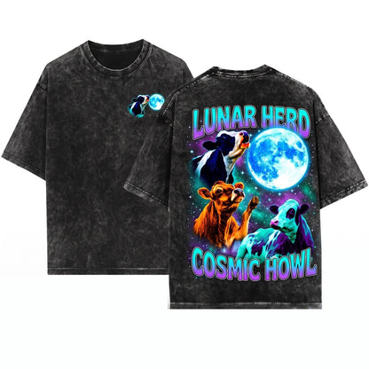 Vintage 90s Cow Howling at Moon Graphic Retro Farm Country Western Gift Unisex Wash T-Shirt