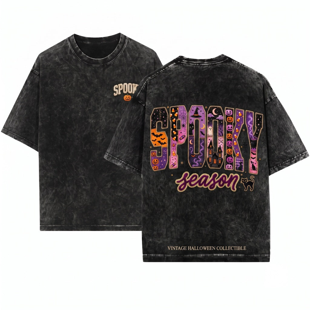 Vintage Faux Patchwork Applique Spooky Season Halloween Varsity Purple Pumpkin Ghost Witch Gift Unisex Wash T-Shirt