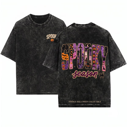 Vintage Faux Patchwork Applique Spooky Season Halloween Varsity Purple Pumpkin Ghost Witch Gift Unisex Wash T-Shirt