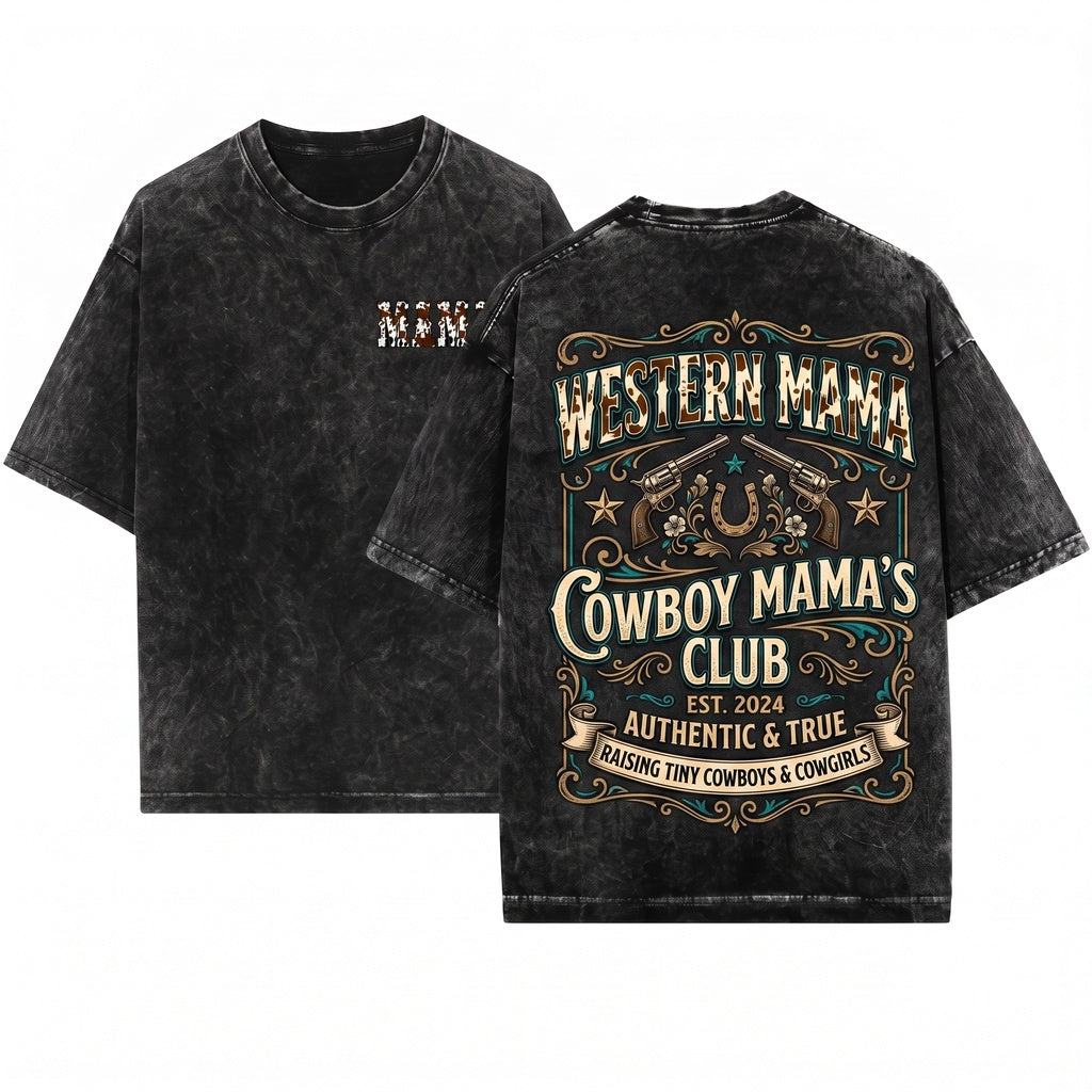 Mama Cow Print Western Varsity Cute Ranch Retro Graphic Unisex Wash T-Shirt