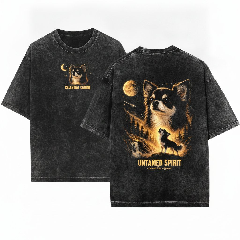 Chihuahua Howling Moon Vintage Graphic Gift Long Hair Retro Unisex Wash T-Shirt