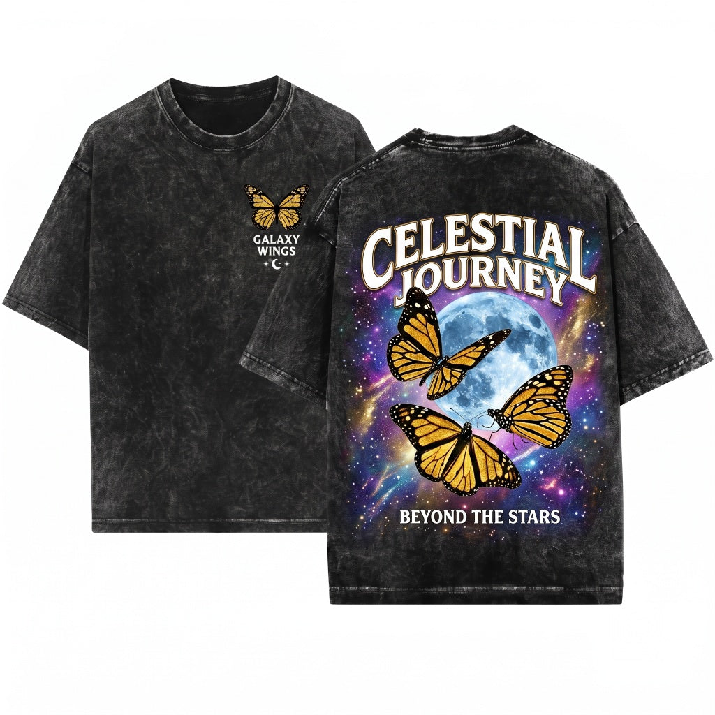 Three Monarch Butterfly Moon Galaxy Insect Nature Lover Cute Cozy Gift Unisex Wash T-Shirt
