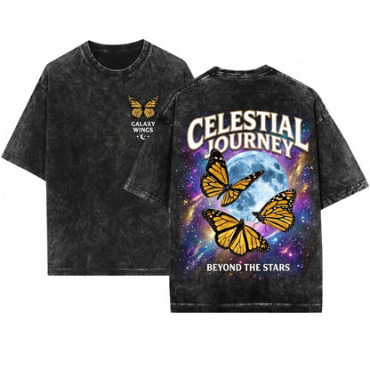 Three Monarch Butterfly Moon Galaxy Insect Nature Lover Cute Cozy Gift Unisex Wash T-Shirt