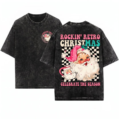Retro Pink Santa Merry Christmas Womens Holiday Sweater Gift Unisex Wash T-Shirt