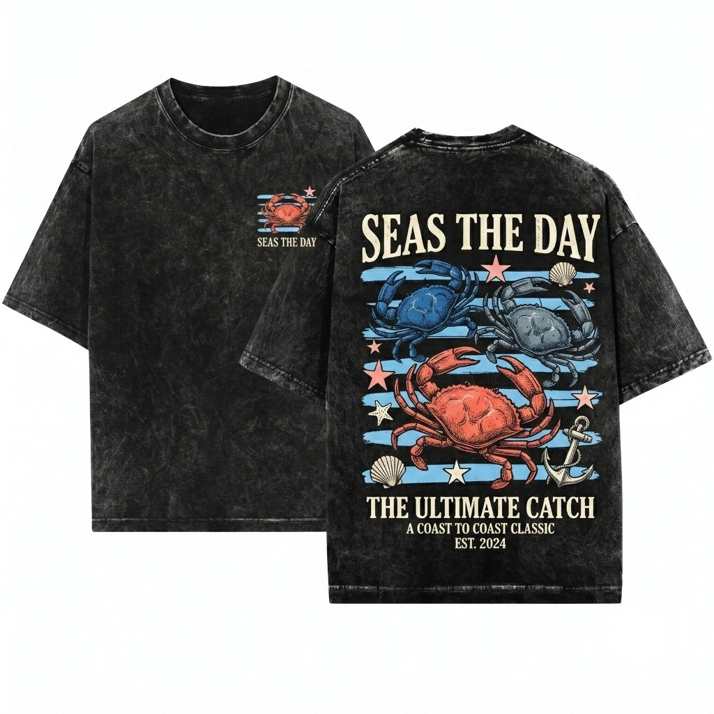 Funny Crab Graphic Seas The Day Ocean Beach Pun Humor Unisex Wash T-Shirt