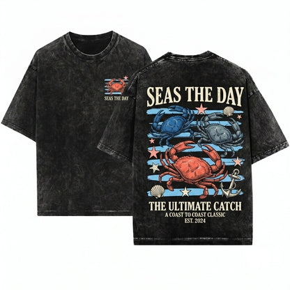 Funny Crab Graphic Seas The Day Ocean Beach Pun Humor Unisex Wash T-Shirt