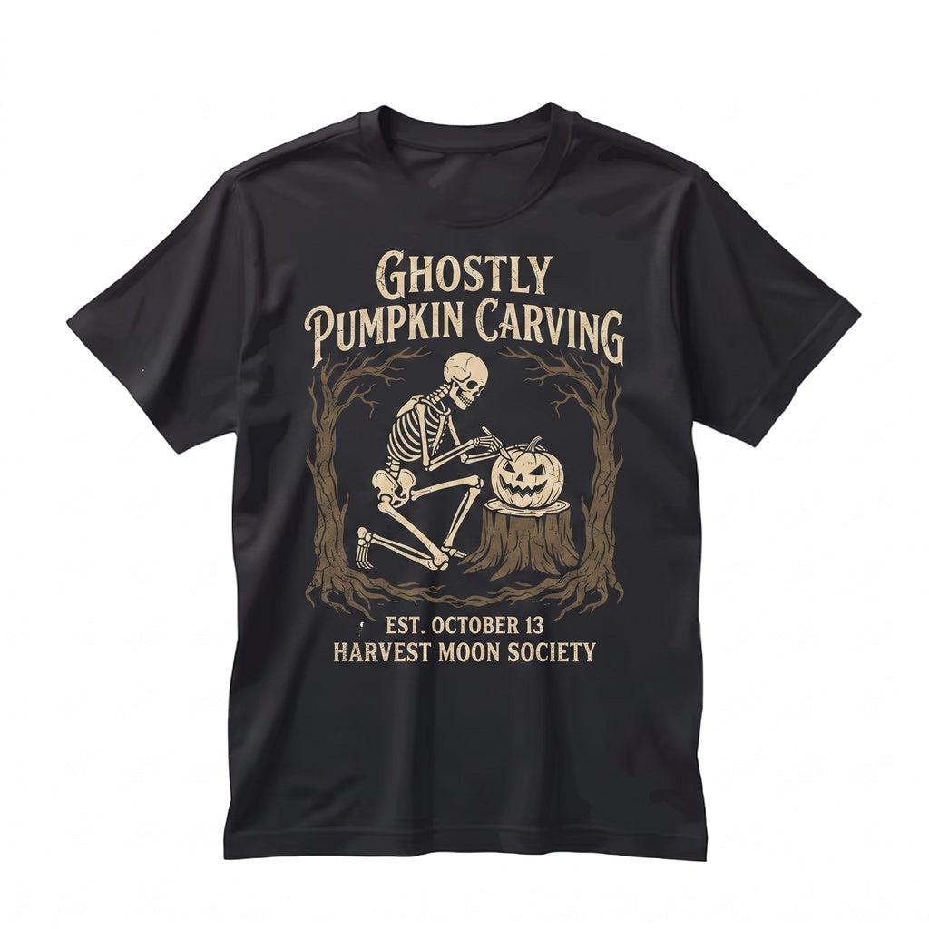 Vintage Halloween Spooky Summer Skeleton Pumpkin Forest Graphic Unisex TShirt