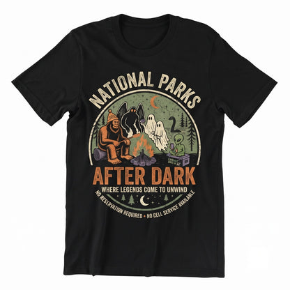 Cryptid Camping Graphic Apparel featuring Bigfoot Mothman Ghost Alien Outdoors Wildlife Wilderness Top Unisex TShirt