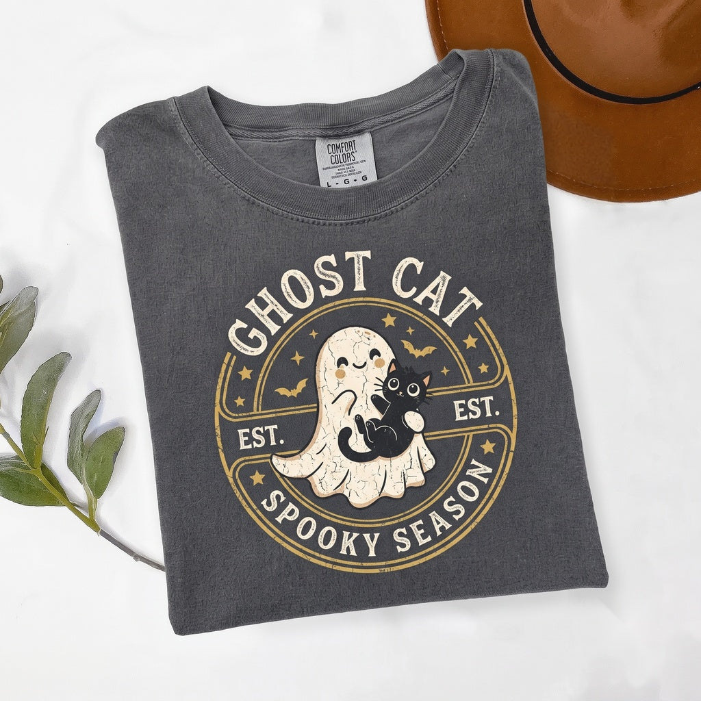 Cute Halloween Ghost with Black Cat Graphic Spooky Season Party Unisex TShirt