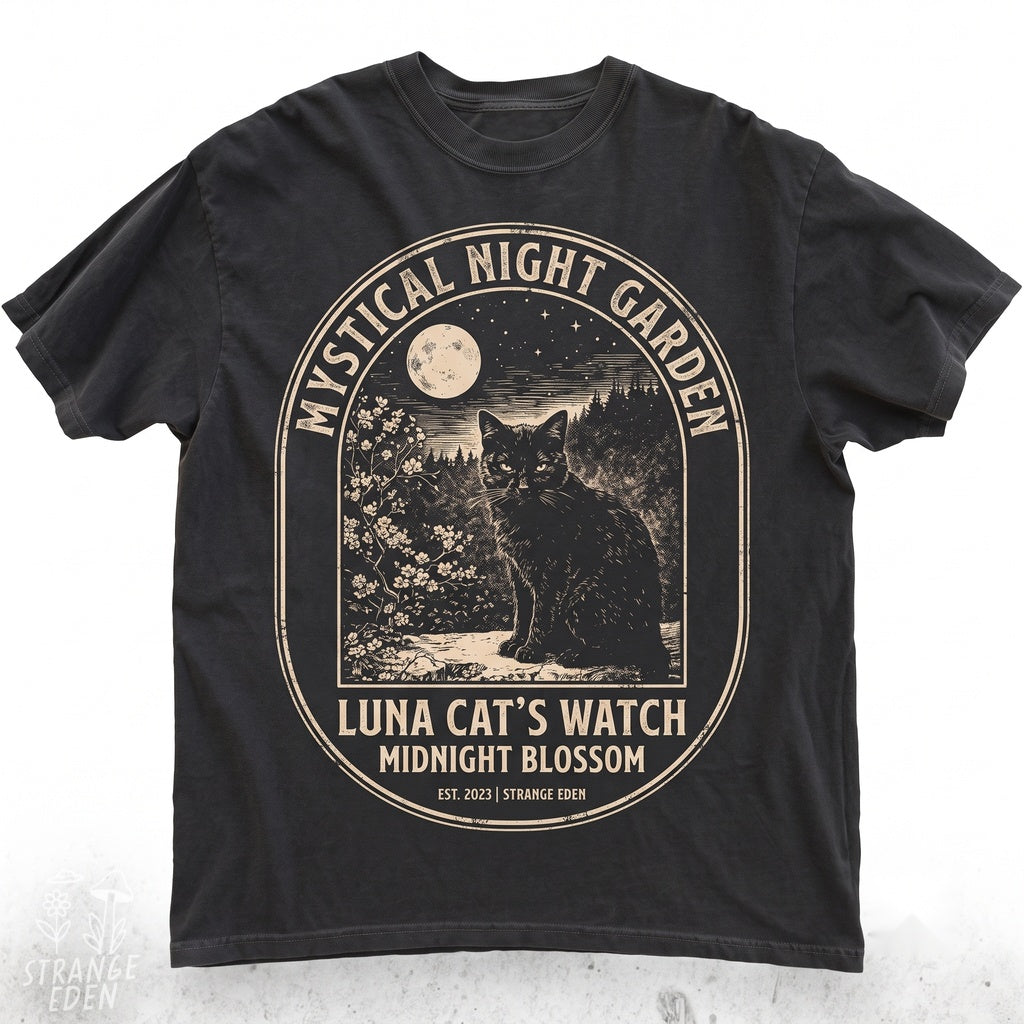 Vintage Woodcut Black Cat Witchy Moon Graphic Sweatshirt Unisex TShirt