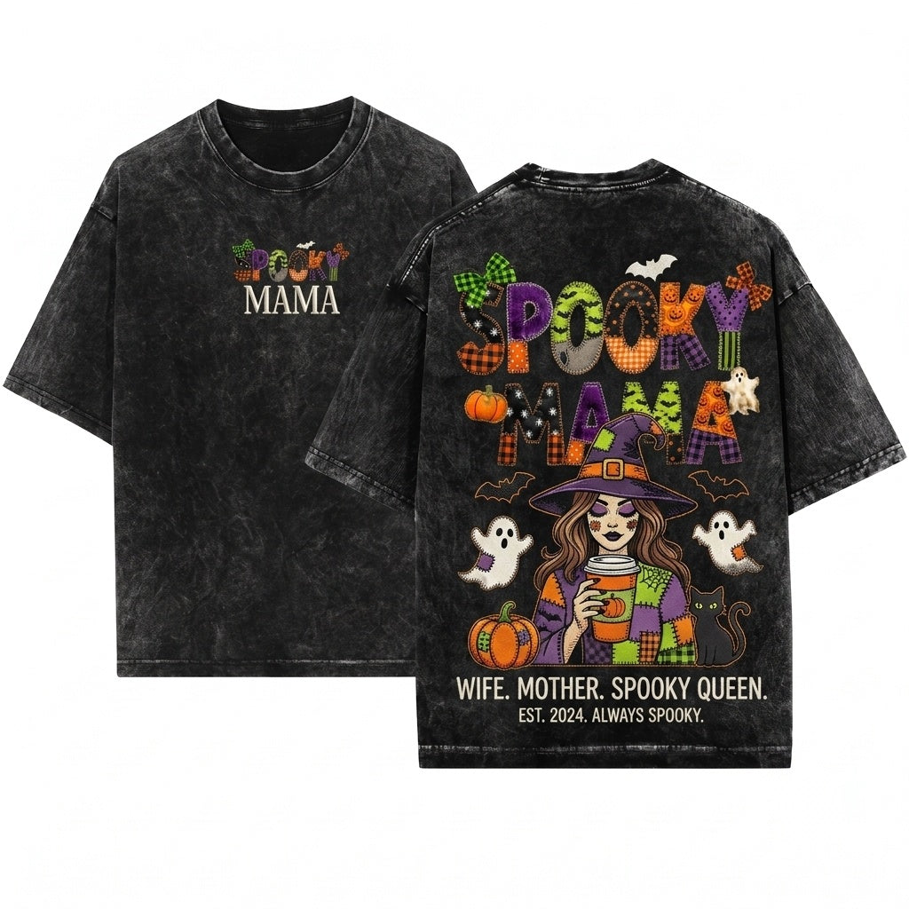 Faux Patchwork Spooky Mama Plaid Halloween Quilt Letter Pumpkin Ghost Fall Graphic Unisex Wash T-Shirt