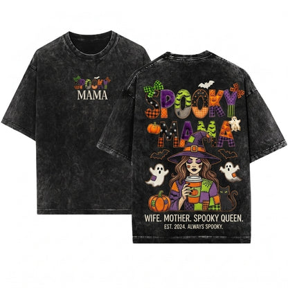 Faux Patchwork Spooky Mama Plaid Halloween Quilt Letter Pumpkin Ghost Fall Graphic Unisex Wash T-Shirt