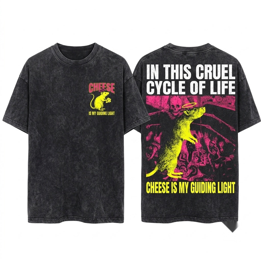 Cheese is My Guiding Light Rat Graphic Apparel Mouse Lovers Gift Funny Quote Casual Short Sleeve Unisex Wash T-Shirt