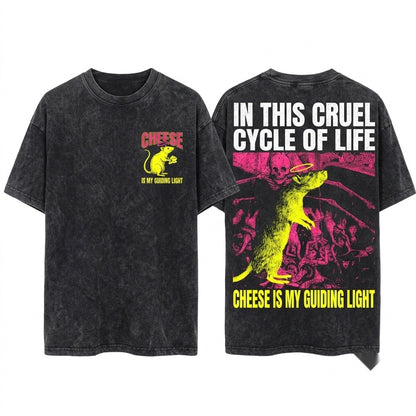 Cheese is My Guiding Light Rat Graphic Apparel Mouse Lovers Gift Funny Quote Casual Short Sleeve Unisex Wash T-Shirt
