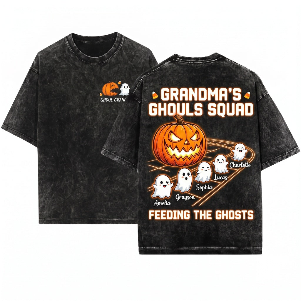 Personalized Pumpkin Chasing Ghost Grandma Halloween Sweater Custom Grandkids Name Unisex Wash T-Shirt