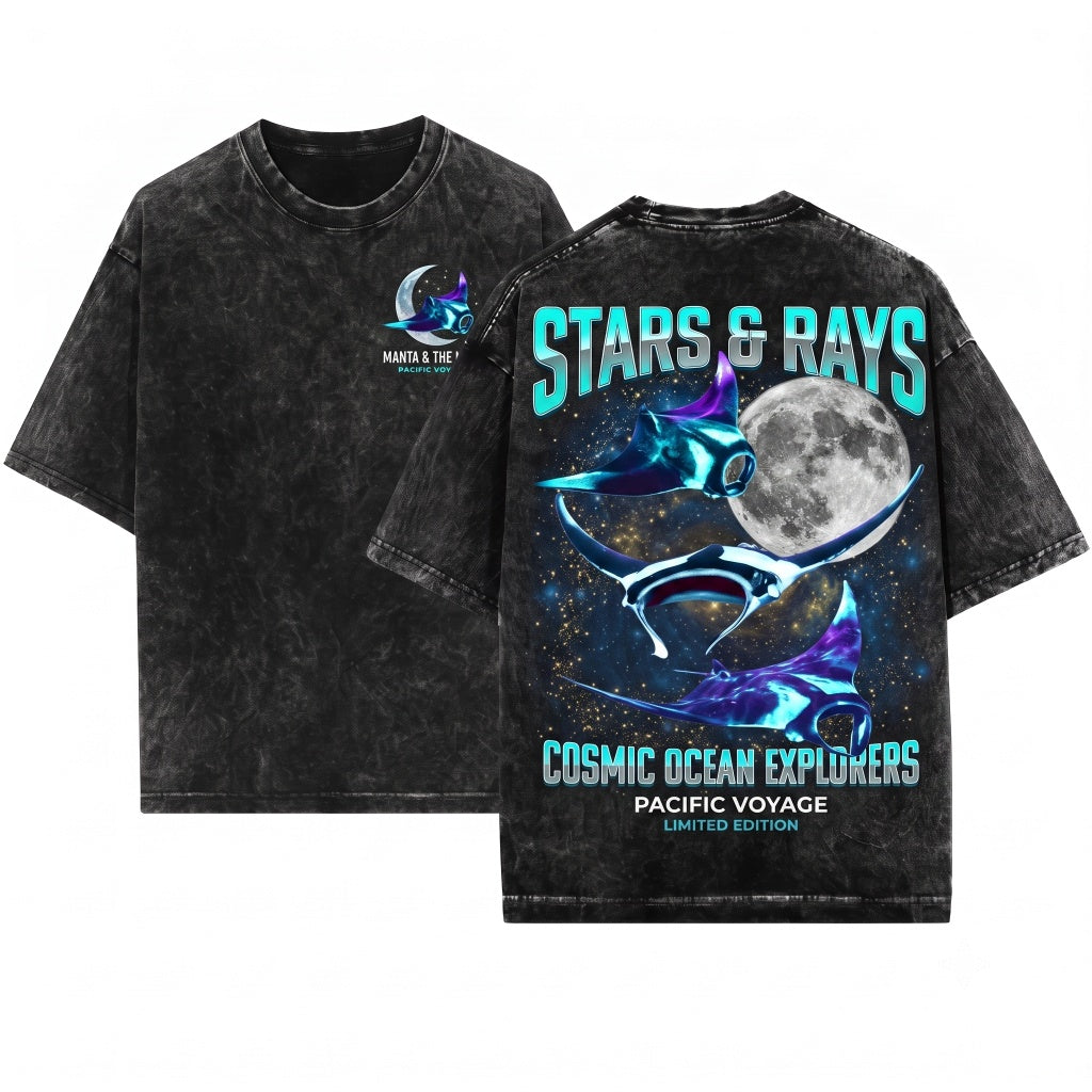 Three Manta Ray Moon Vintage Graphic Funny Meme Stingray Unisex Wash T-Shirt