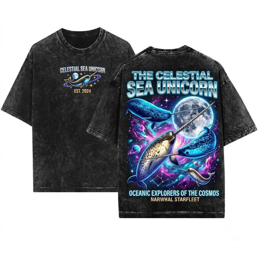 Space Galaxy Narwhal Moon Ocean Unicorn Whale Graphic Unisex Wash T-Shirt