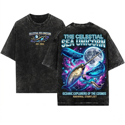Space Galaxy Narwhal Moon Ocean Unicorn Whale Graphic Unisex Wash T-Shirt