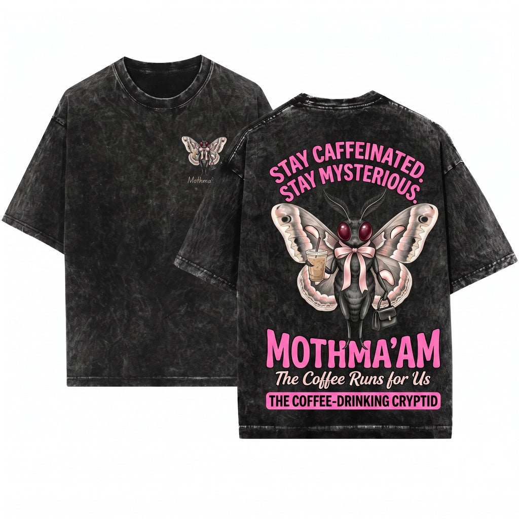Mothmaam Funny Coffee Lover Cryptid Graphic Unisex Wash T-Shirt